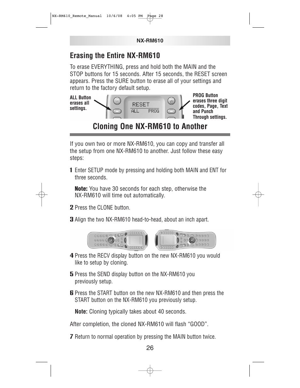 Cloning one nx-rm610 to another, Erasing the entire nx-rm610 | NXG Technology NX-RM610 User Manual | Page 28 / 66