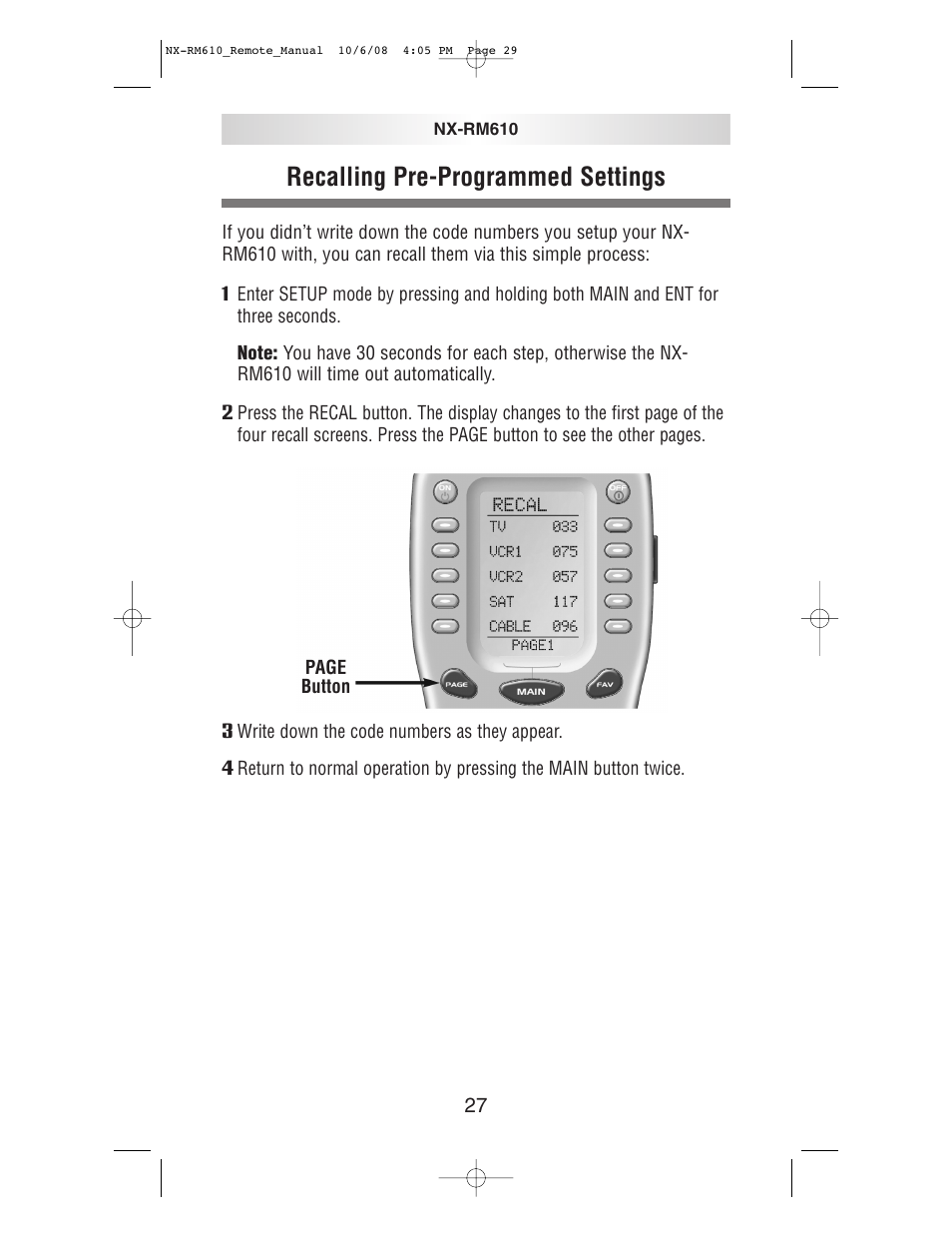 Recalling pre-programmed settings | NXG Technology NX-RM610 User Manual | Page 29 / 66