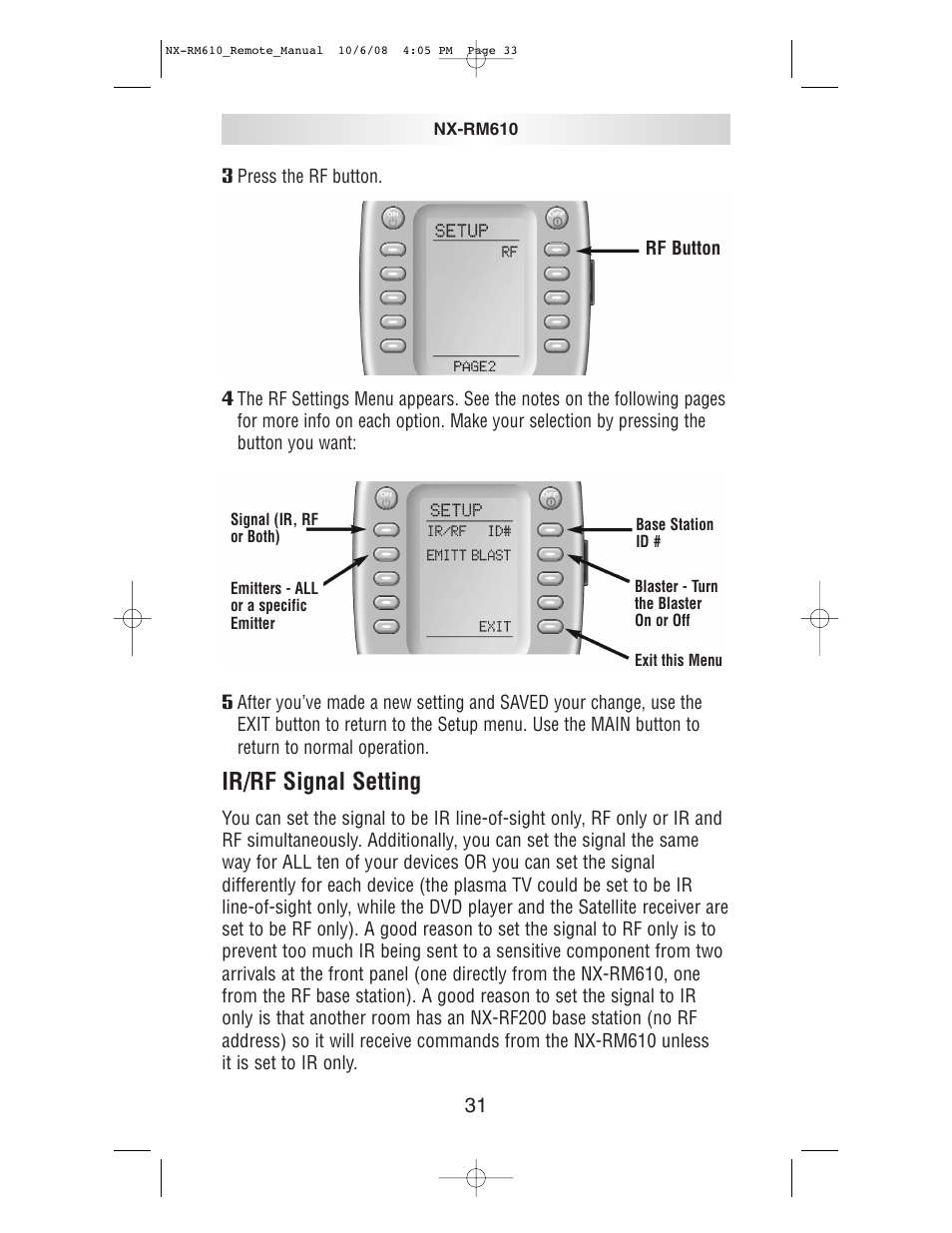 Ir/rf signal setting | NXG Technology NX-RM610 User Manual | Page 33 / 66