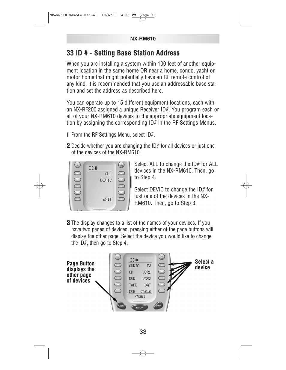 33 id # - setting base station address | NXG Technology NX-RM610 User Manual | Page 35 / 66