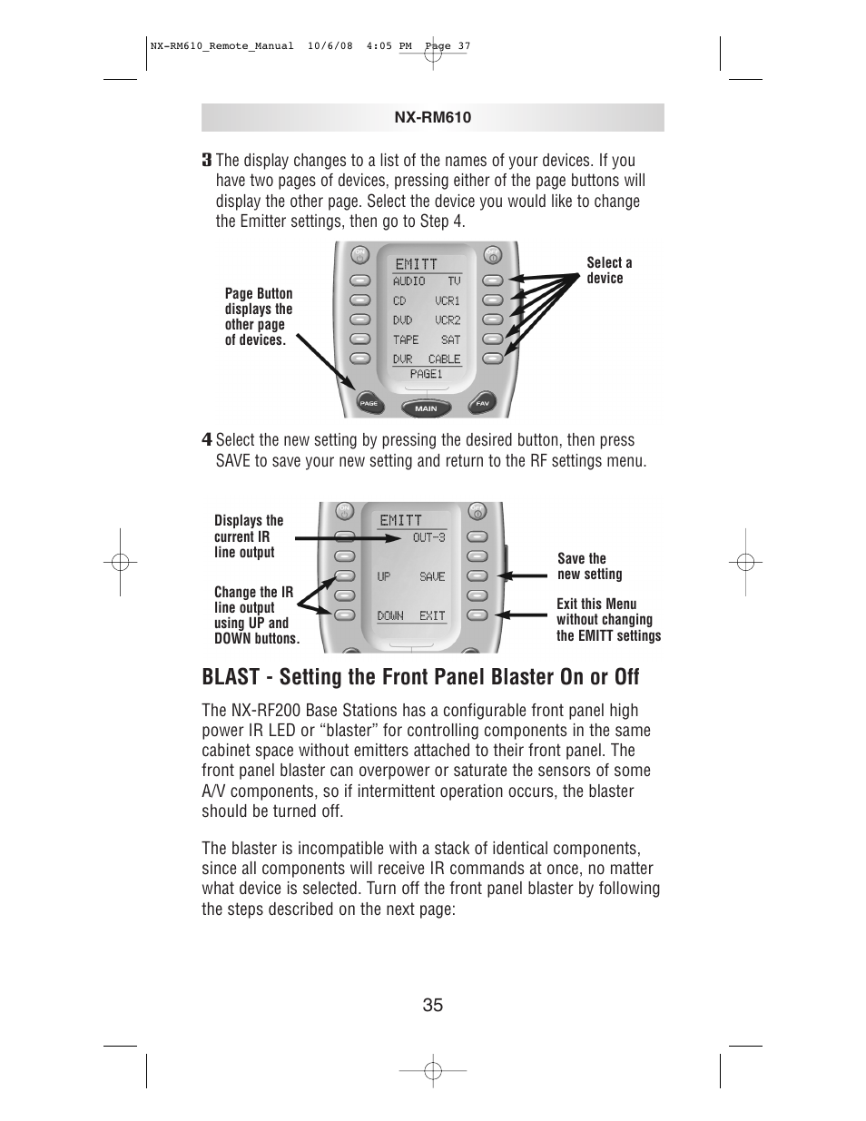 Blast - setting the front panel blaster on or off | NXG Technology NX-RM610 User Manual | Page 37 / 66