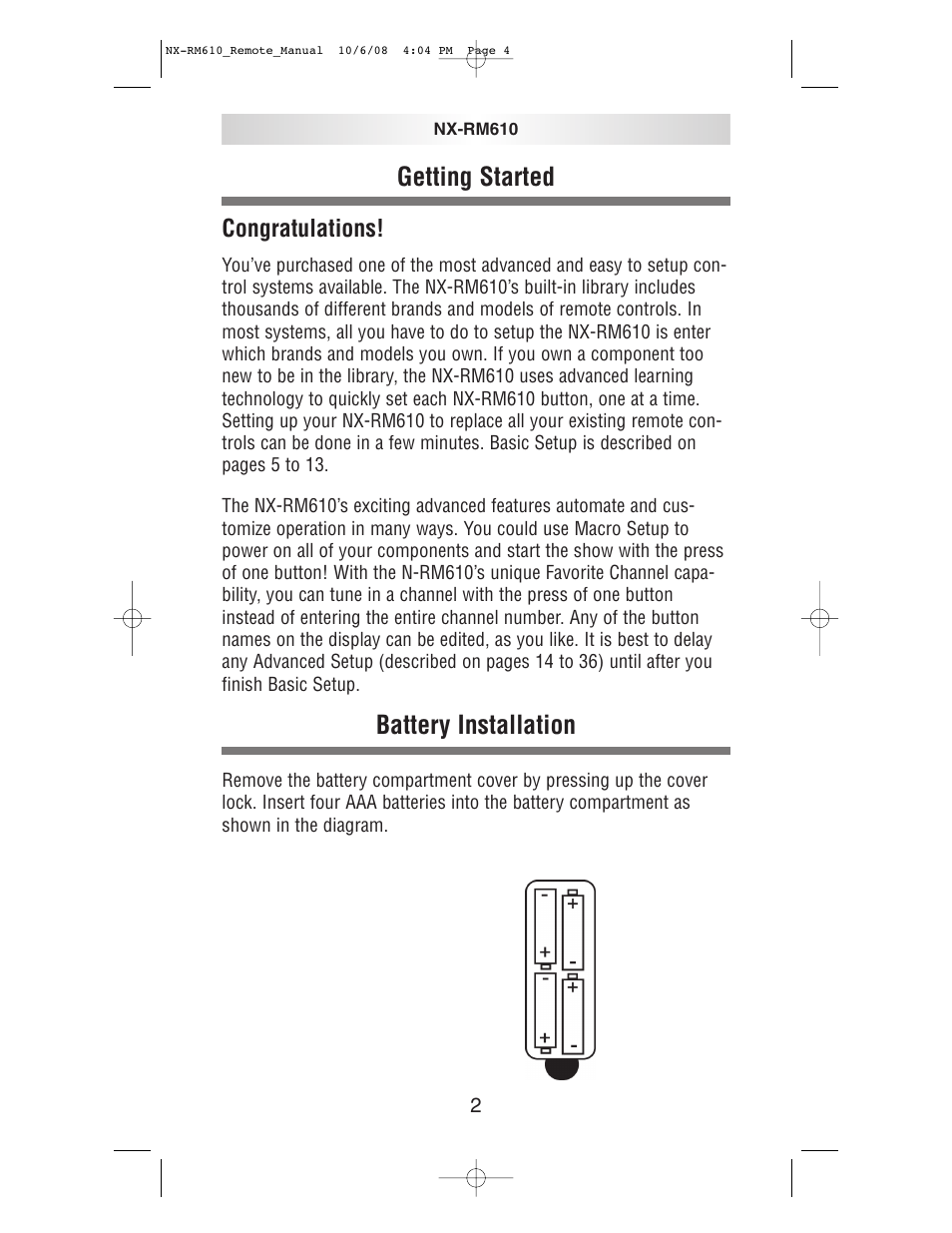 Getting started, Battery installation | NXG Technology NX-RM610 User Manual | Page 4 / 66