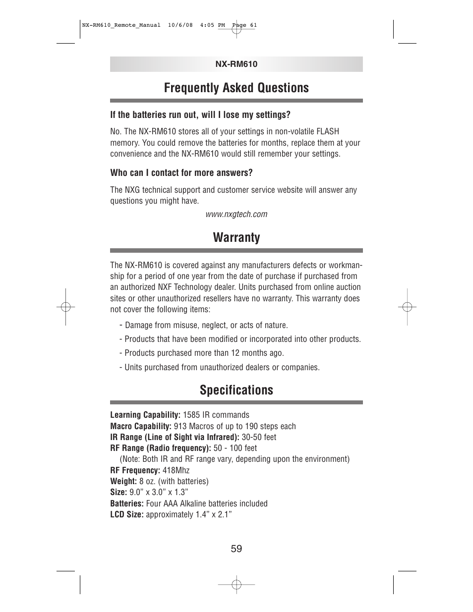 Frequently asked questions, Warranty, Specifications | NXG Technology NX-RM610 User Manual | Page 61 / 66