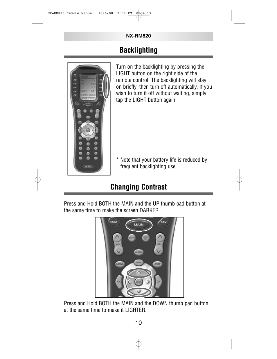 Backlighting, Changing contrast | NXG Technology NX-RM820 User Manual | Page 13 / 18