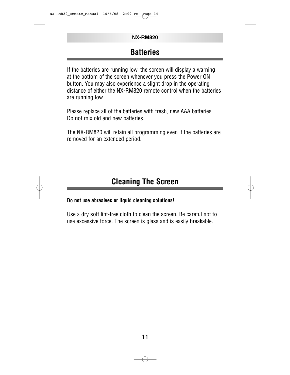 Batteries, Cleaning the screen | NXG Technology NX-RM820 User Manual | Page 14 / 18