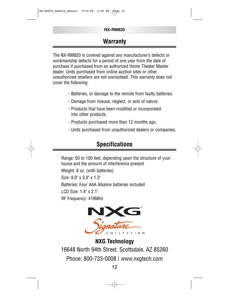 Warranty, Specifications | NXG Technology NX-RM820 User Manual | Page 15 / 18