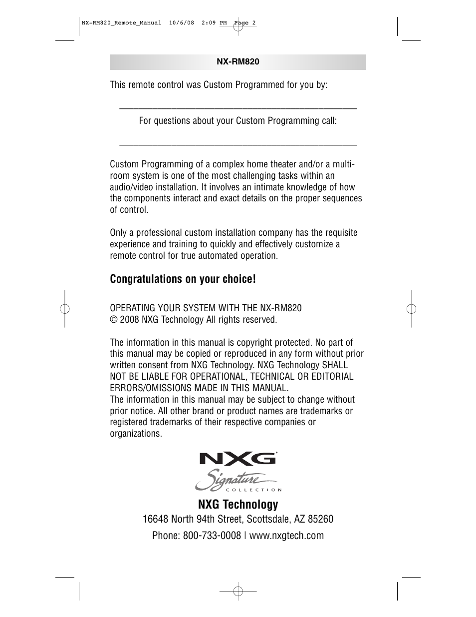 Nxg technology | NXG Technology NX-RM820 User Manual | Page 2 / 18