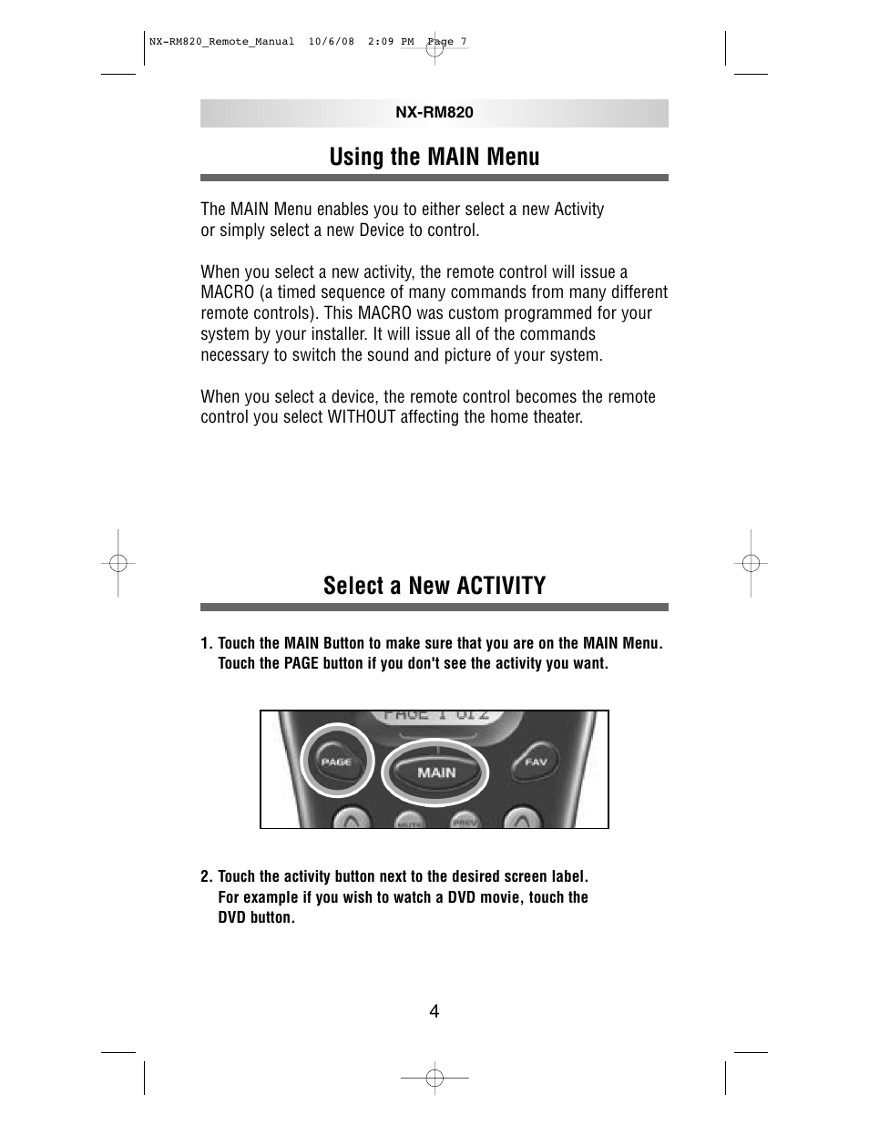 Using the main menu, Select a new activity | NXG Technology NX-RM820 User Manual | Page 7 / 18