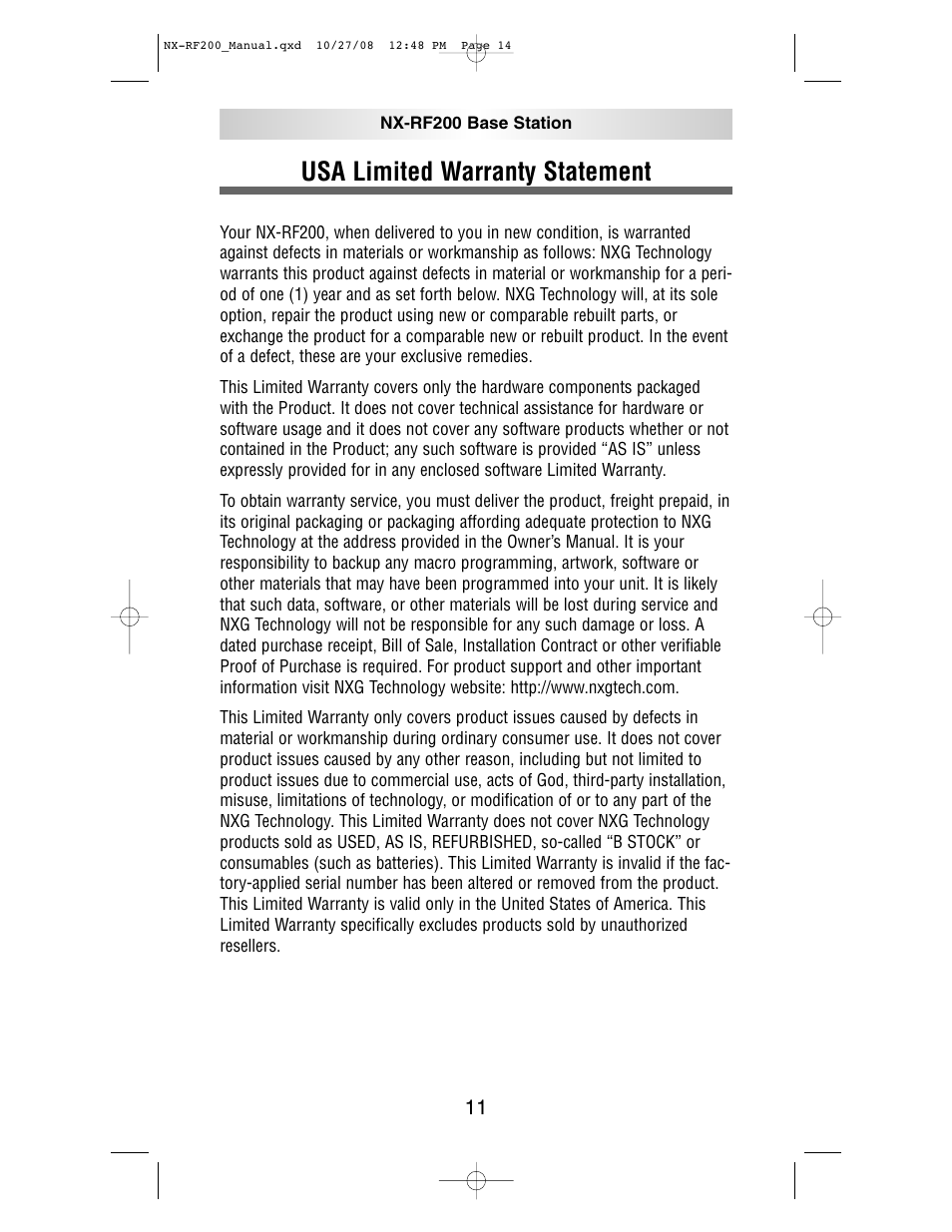 Usa limited warranty statement | NXG Technology NX-RF200 User Manual | Page 14 / 16