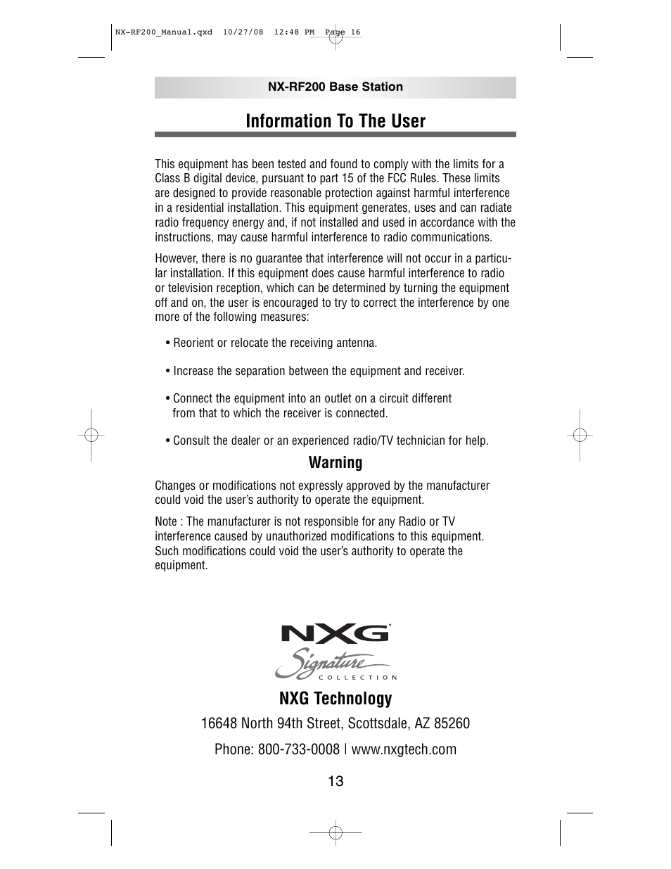 Information to the user, Nxg technology, Warning | NXG Technology NX-RF200 User Manual | Page 16 / 16