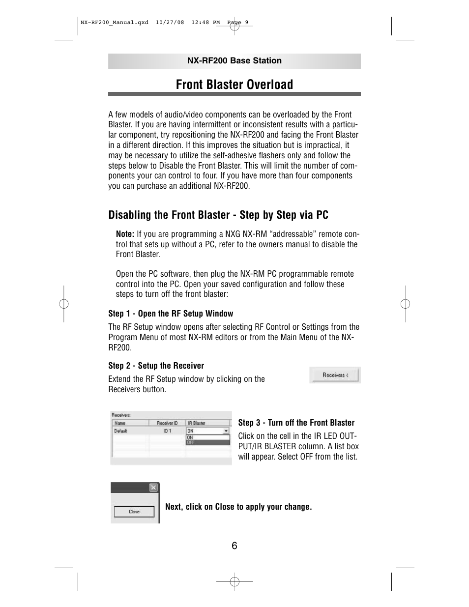 Front blaster overload, Disabling the front blaster - step by step via pc | NXG Technology NX-RF200 User Manual | Page 9 / 16