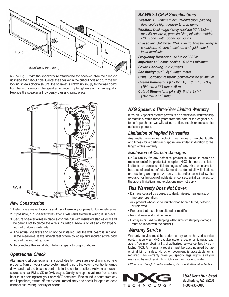 Nxg speakers three-year limited warranty, Limitation of implied warranties, Exclusion of certain damages | This warranty does not cover, Warranty service, New construction, Nx-w5.2-lcr-p specifications, Operational check | NXG Technology NX-W5.2-LCR-P User Manual | Page 2 / 2