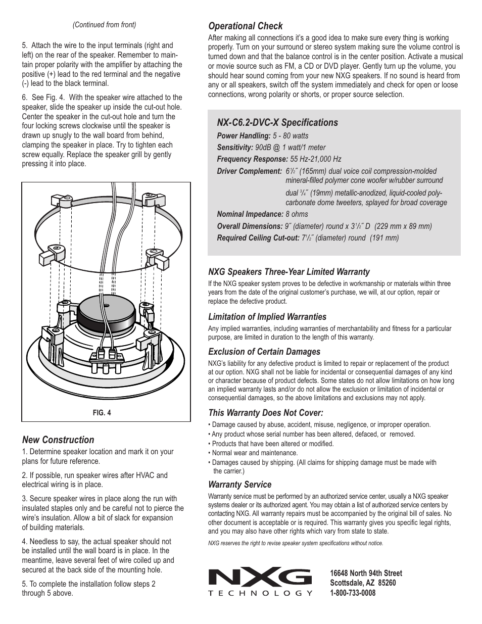 Nx-c6.2-dvc-x specifications, Operational check, New construction | NXG Technology NX-C6.2-DVC-X User Manual | Page 2 / 2