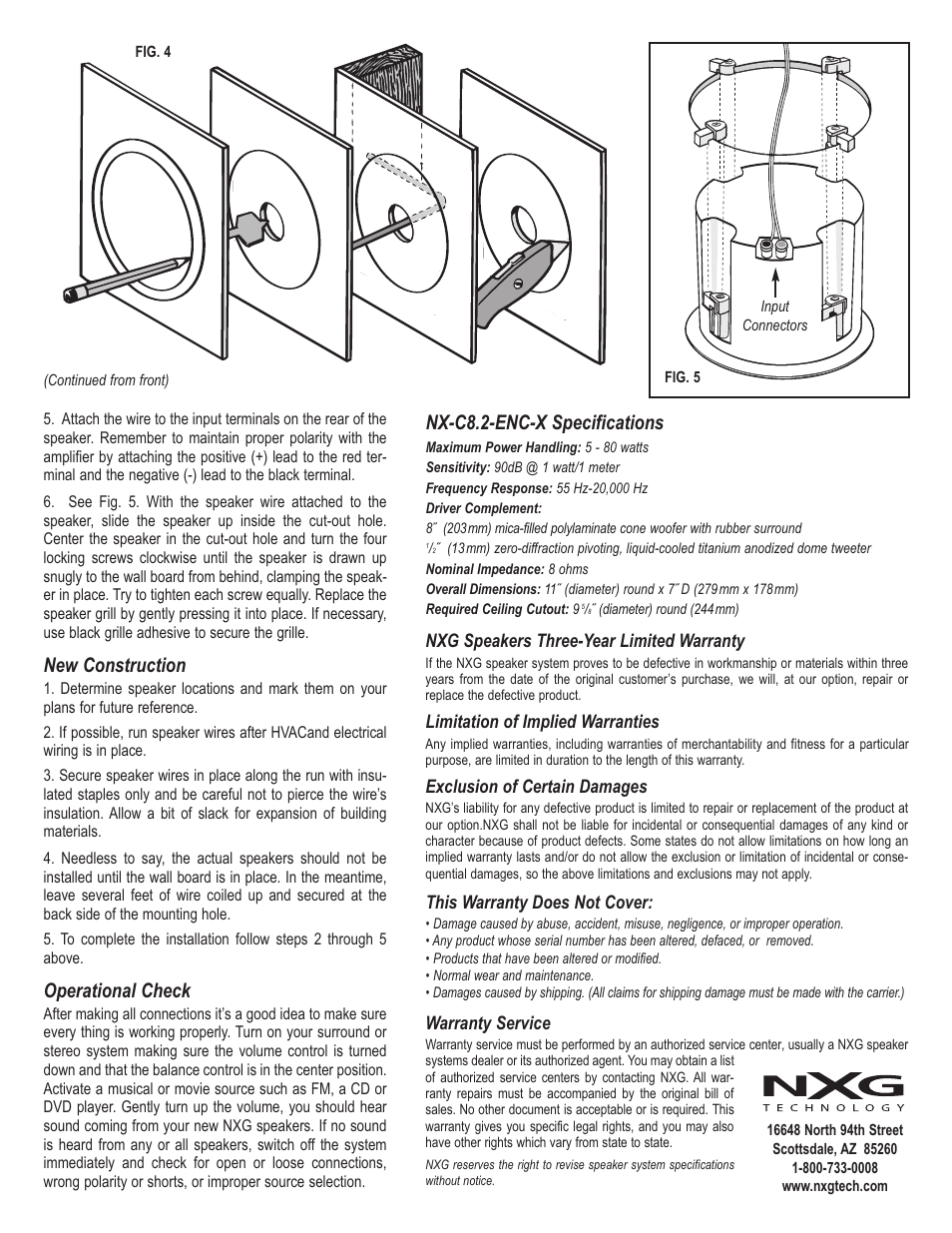 New construction, Operational check, Nx-c8.2-enc-x specifications | NXG Technology NX-C8.2-ENC-X User Manual | Page 2 / 2
