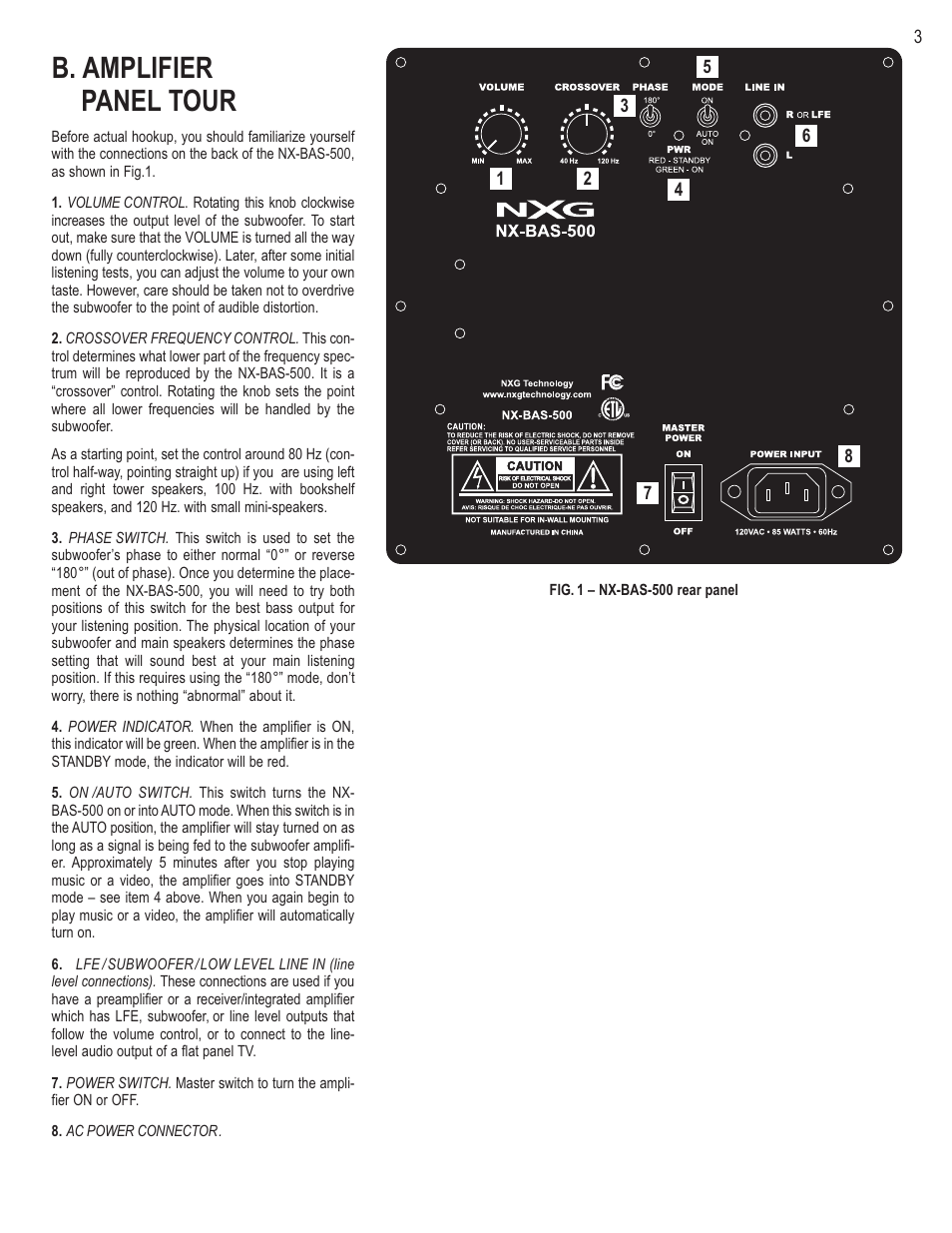 B. amplifier panel tour | NXG Technology NX-BAS-500 User Manual | Page 3 / 8