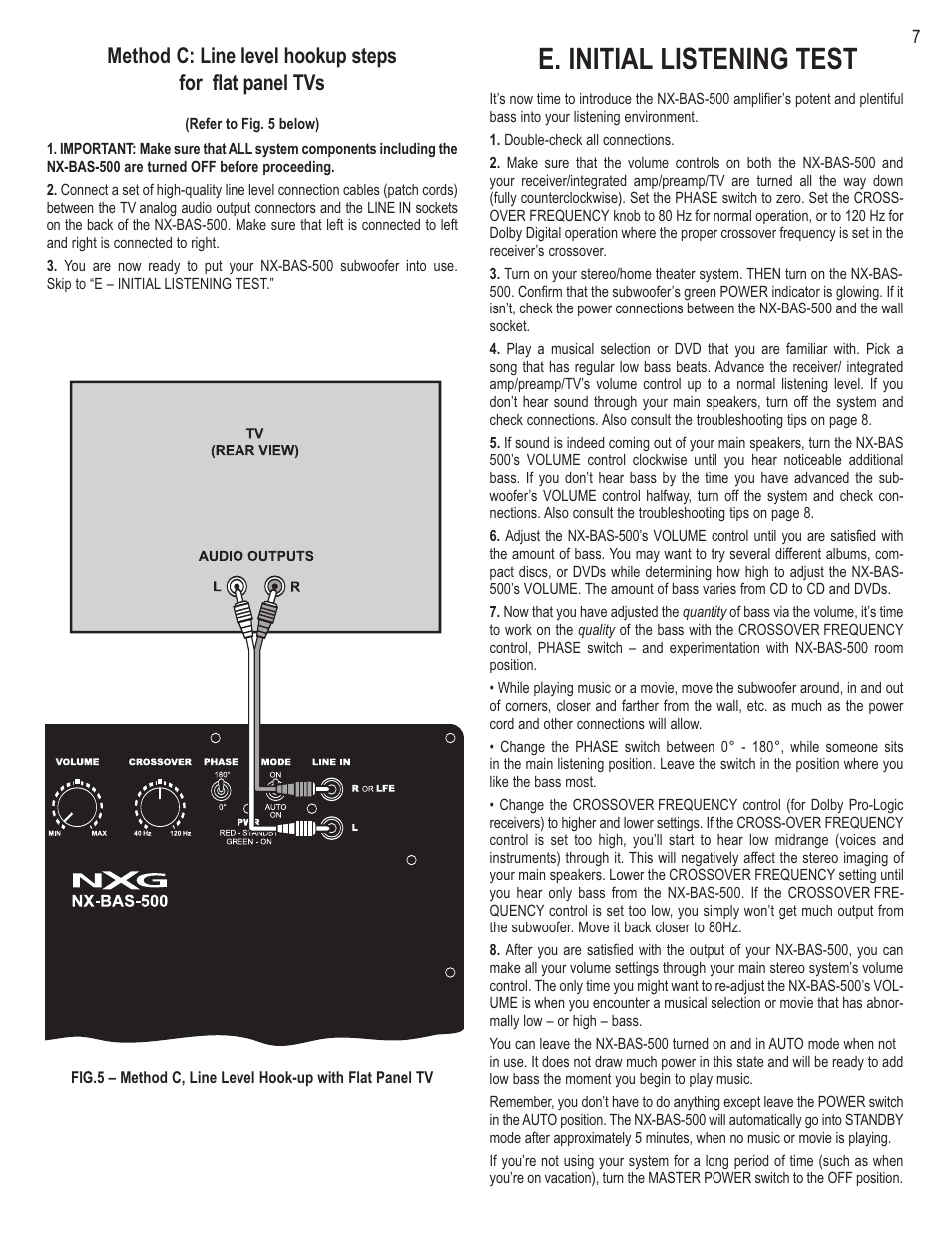 E. initial listening test | NXG Technology NX-BAS-500 User Manual | Page 7 / 8