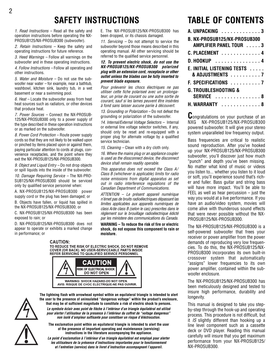 Safety instructions table of contents | NXG Technology NX-PROSUB125/NX-PROSUB300 User Manual | Page 2 / 8