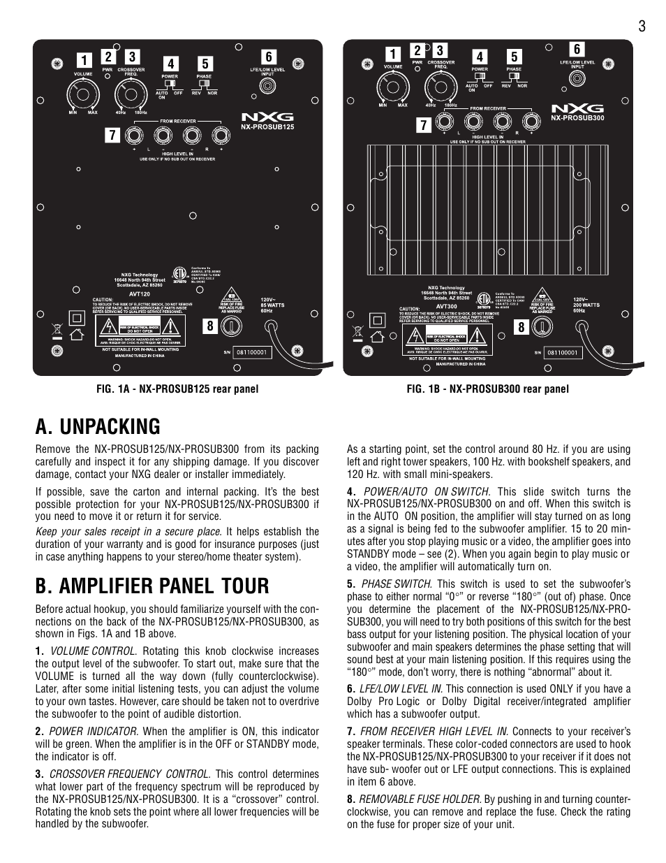 A. unpacking, B. amplifier panel tour | NXG Technology NX-PROSUB125/NX-PROSUB300 User Manual | Page 3 / 8