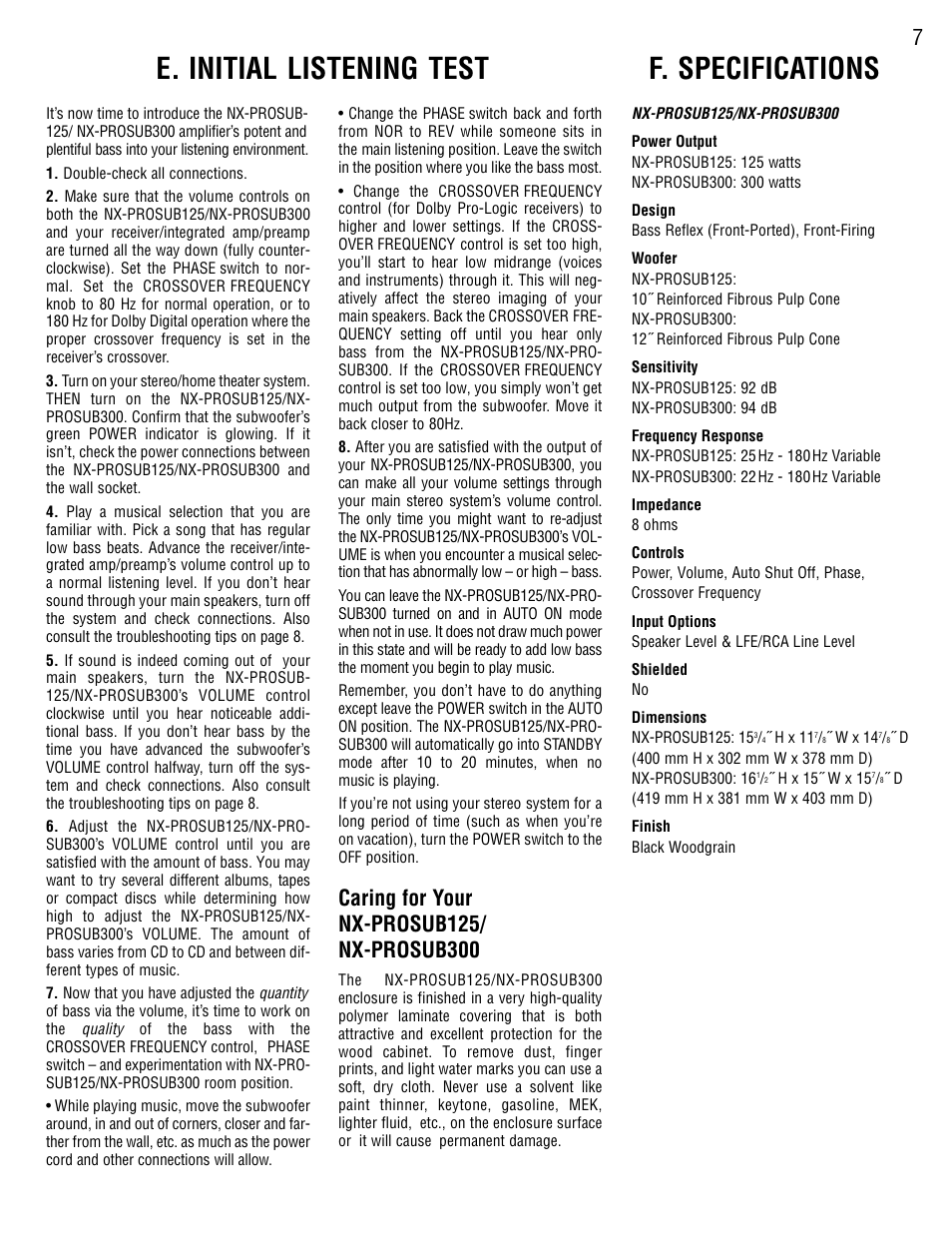 E. initial listening test, F. specifications | NXG Technology NX-PROSUB125/NX-PROSUB300 User Manual | Page 7 / 8