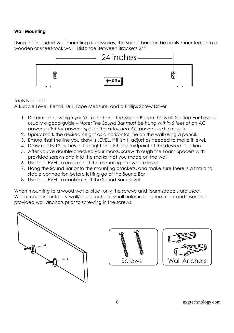 24 inches, Screws wall anchors | NXG Technology NX-SOUNDBAR-40 User Manual | Page 8 / 10