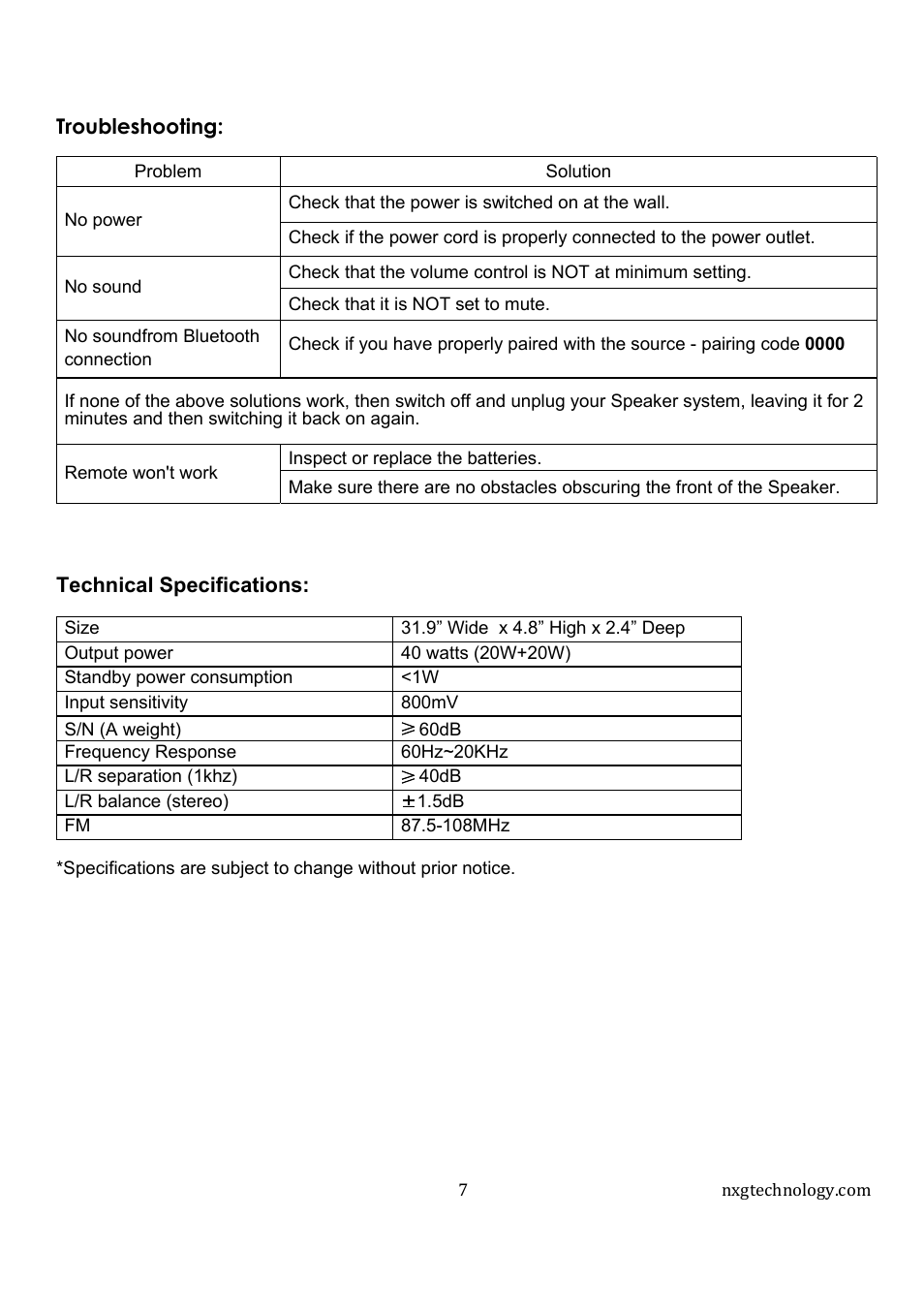 NXG Technology NX-SOUNDBAR-40 User Manual | Page 9 / 10