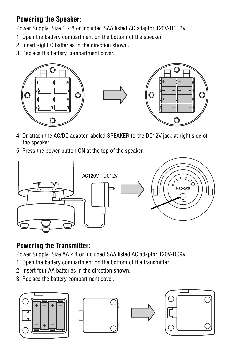 Powering the transmitter, Powering the speaker | NXG Technology NX-WRLS1 User Manual | Page 3 / 7