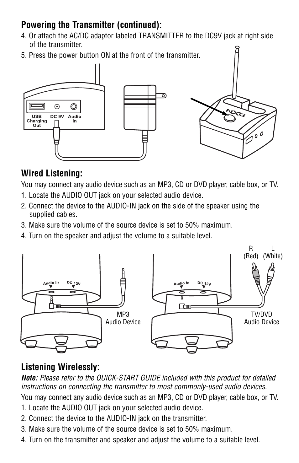 Powering the transmitter (continued), Wired listening, Listening wirelessly | NXG Technology NX-WRLS1 User Manual | Page 4 / 7