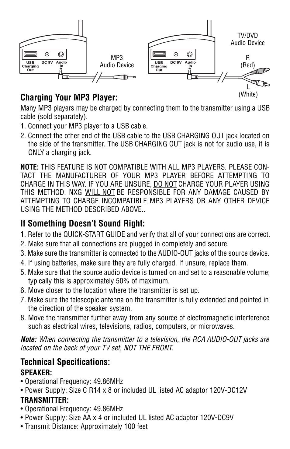 Charging your mp3 player, If something doesn’t sound right, Technical specifications | NXG Technology NX-WRLS1 User Manual | Page 5 / 7