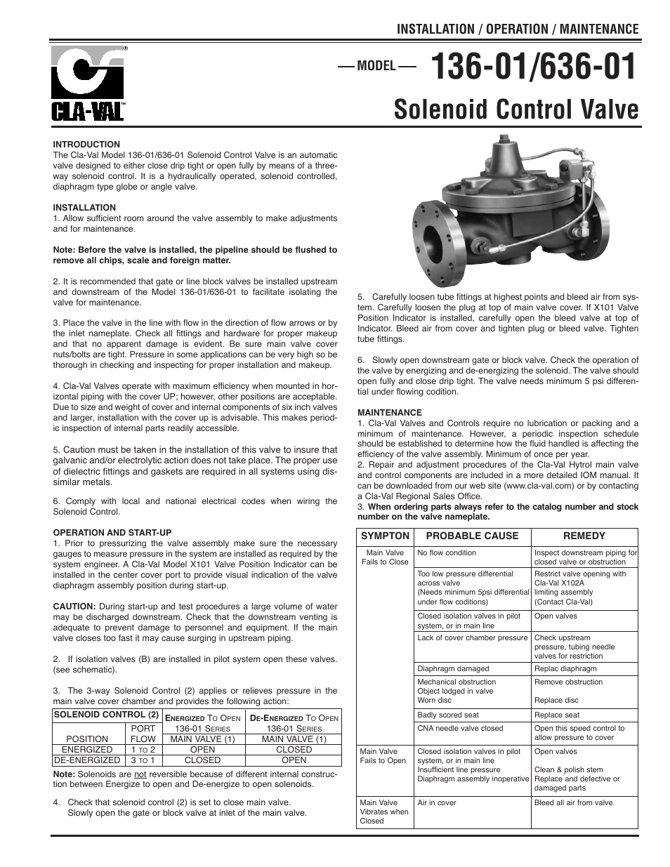 Cla-Val 136-01/636-01 Solenoid Control Valve Quick Manual User Manual | 2 pages