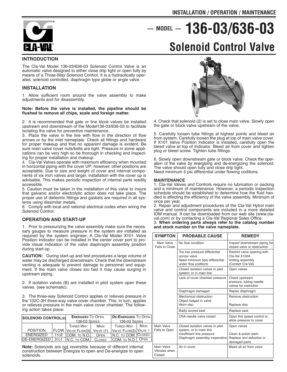 Cla-Val 136-03/636-03 Valve Quick Manual User Manual | 2 pages