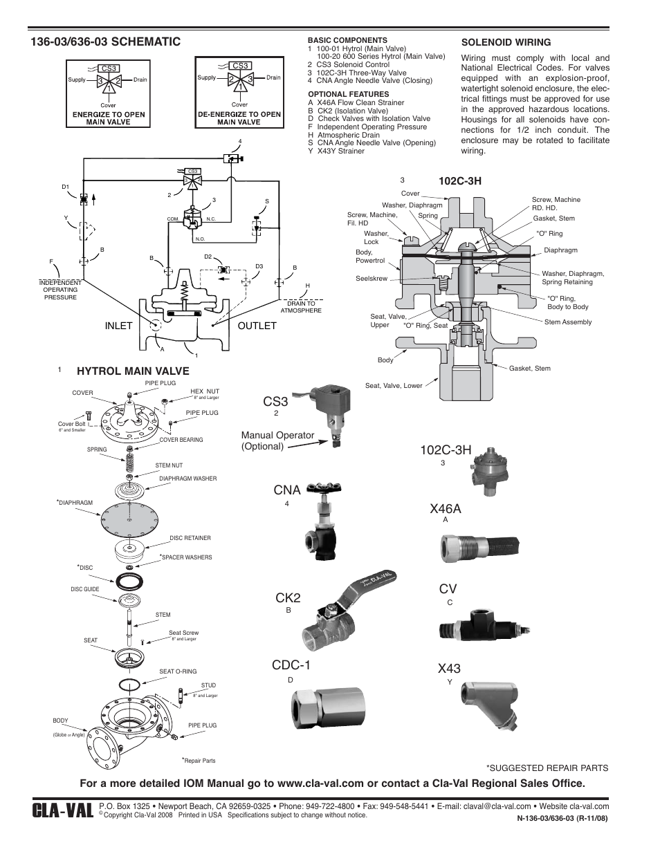 Cla-val, X46a, Cdc-1 | 102c-3h, Hytrol main valve, Inlet outlet, Solenoid wiring, Manual operator (optional) | Cla-Val 136-03/636-03 Valve Quick Manual User Manual | Page 2 / 2