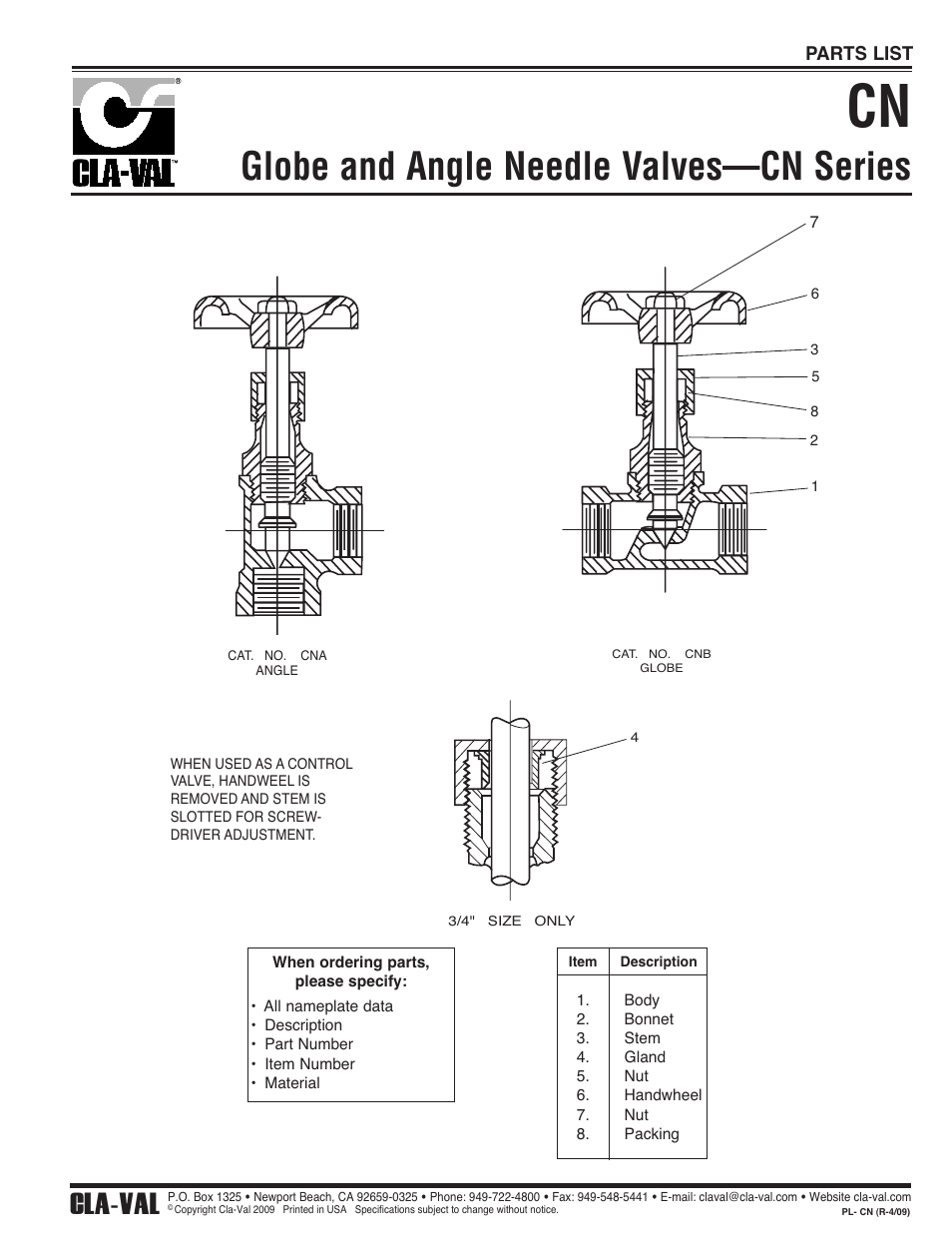 Globe and angle needle valves —cn series, Cla-val | Cla-Val 136-01/636-01 Technical Manual User Manual | Page 29 / 36