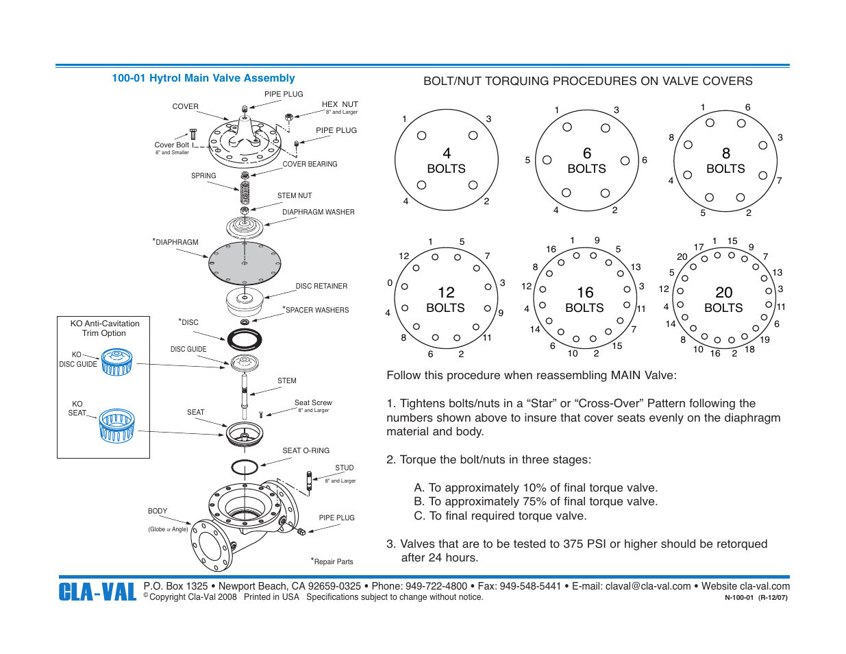 Cla-val, Bolt/nut torquing procedures on valve covers, Bolts | Cla-Val 49-01/649-01 Technical Manual User Manual | Page 14 / 33