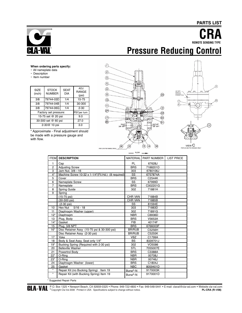 Pressure reducing control, Cla-val, Parts list | Cla-Val 49-01/649-01 Technical Manual User Manual | Page 19 / 33