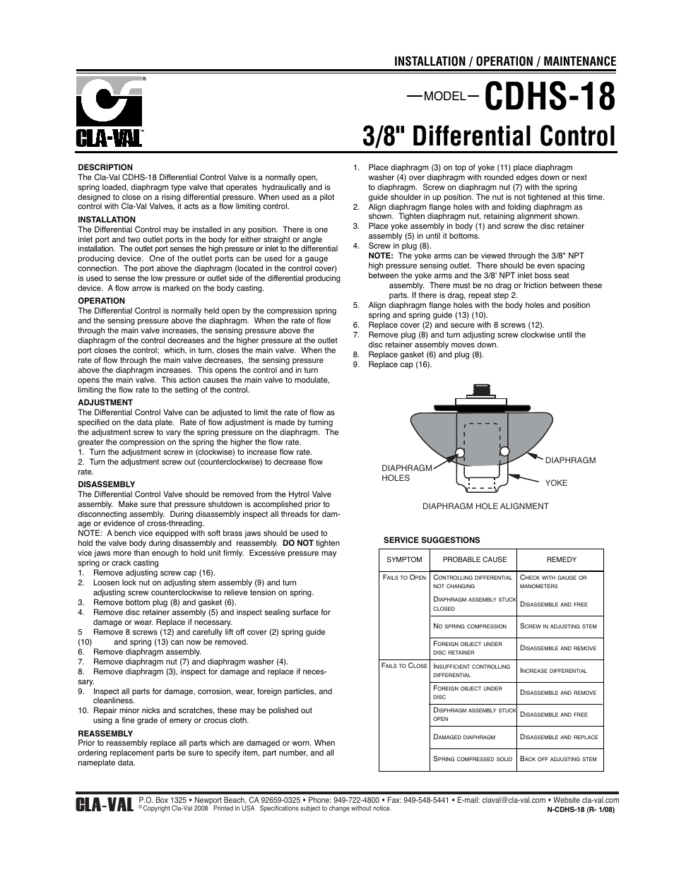 Cdhs-18, 3/8" differential control, Cla-val | Model installation / operation / maintenance | Cla-Val 49-01/649-01 Technical Manual User Manual | Page 22 / 33