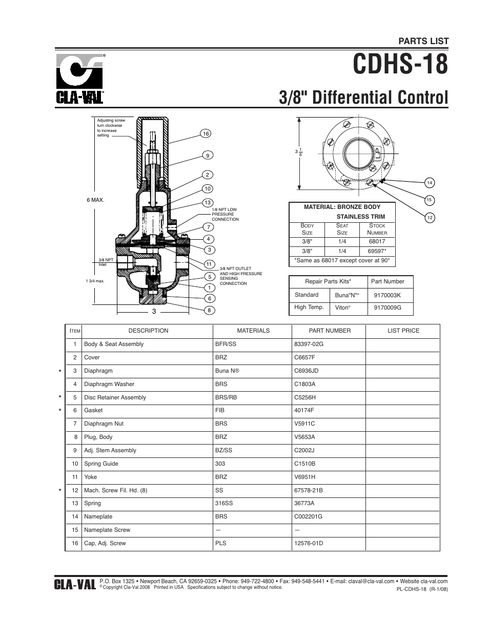 Cdhs-18, 3/8" differential control, Cla-val | Parts list | Cla-Val 49-01/649-01 Technical Manual User Manual | Page 23 / 33