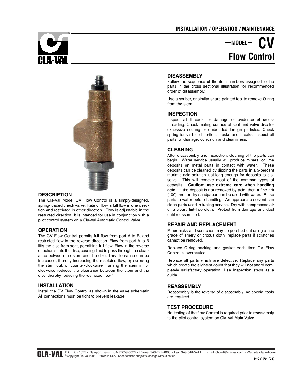 Flow control, Cla-val | Cla-Val 49-01/649-01 Technical Manual User Manual | Page 26 / 33