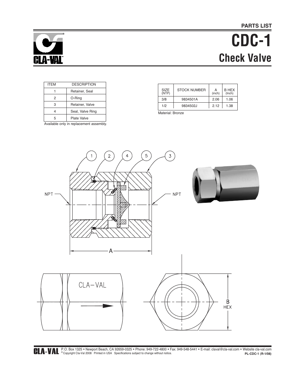 Cdc-1, Check valve, Cla-val | Parts list | Cla-Val 49-01/649-01 Technical Manual User Manual | Page 28 / 33