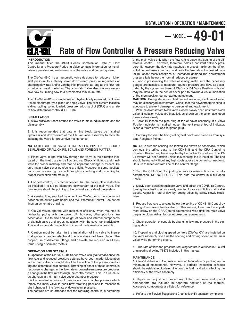 Rate of flow controller & pressure reducing valve, Installation / operation / maintenance, Model | Cla-Val 49-01/649-01 Technical Manual User Manual | Page 5 / 33