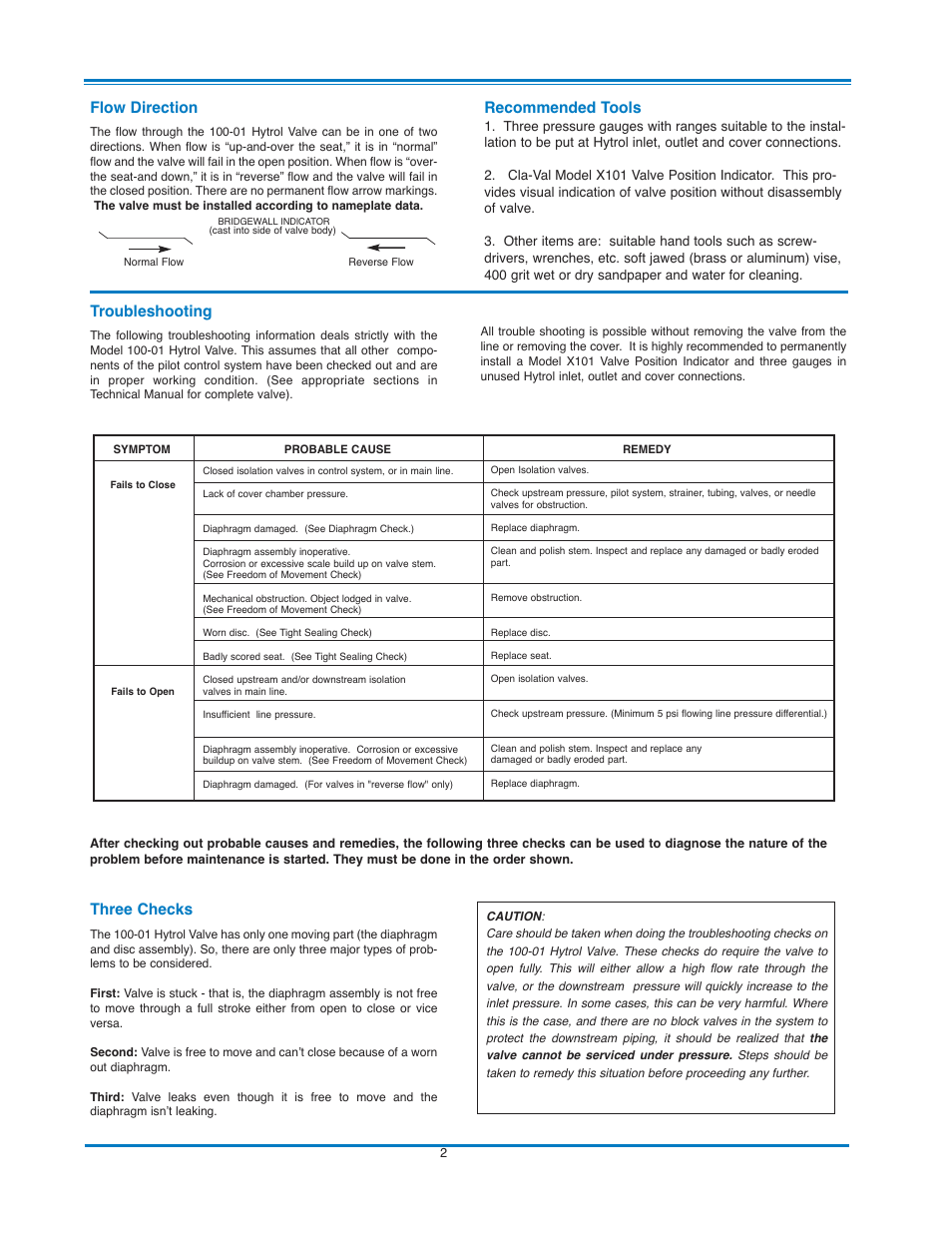 Flow direction, Troubleshooting, Three checks | Recommended tools | Cla-Val 49-01/649-01 Technical Manual User Manual | Page 8 / 33