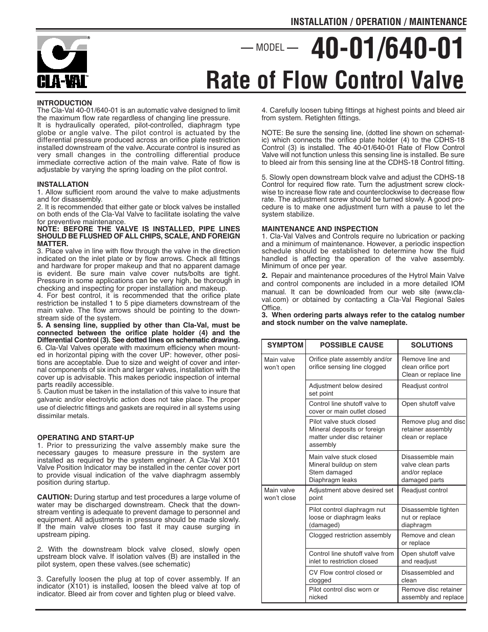 Cla-Val 40-01/640-01 Quick Manual User Manual | 2 pages