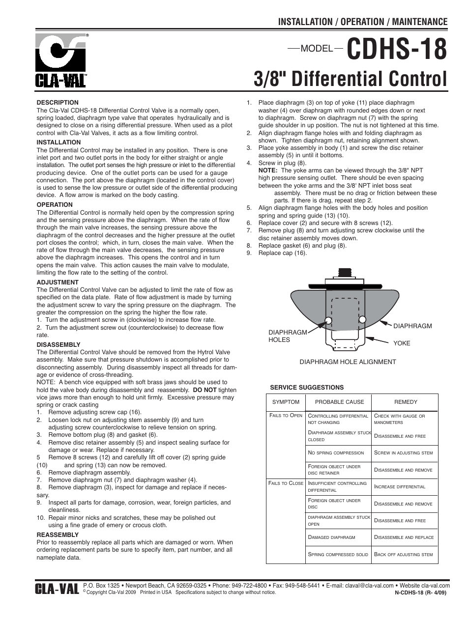 Cdhs-18, 3/8" differential control, Cla-val | Model installation / operation / maintenance | Cla-Val 40-01/640-01 Technical Manual User Manual | Page 17 / 28