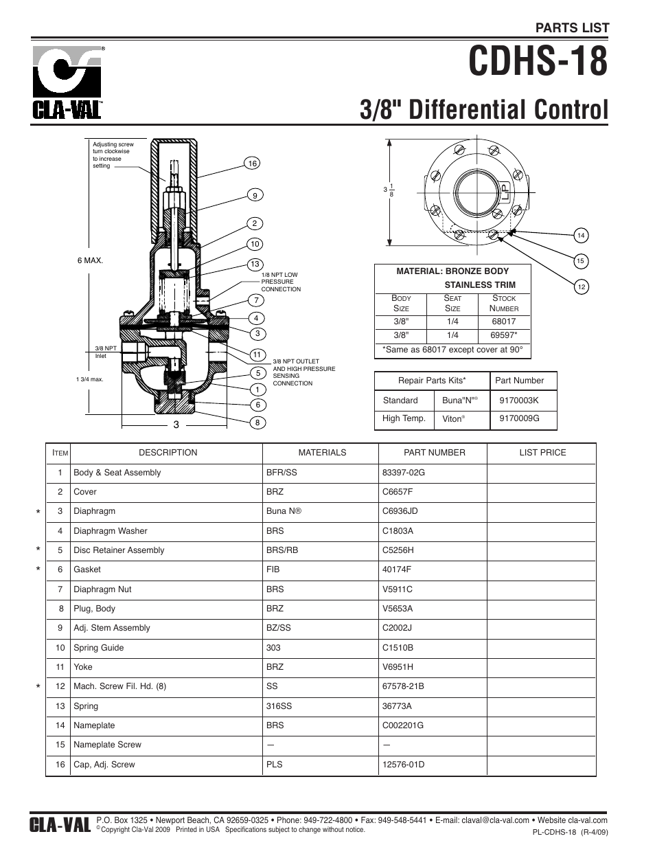 Cdhs-18, 3/8" differential control, Cla-val | Parts list | Cla-Val 40-01/640-01 Technical Manual User Manual | Page 18 / 28