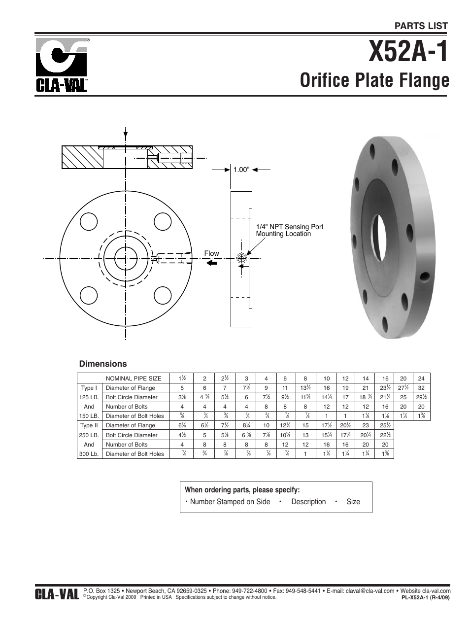 X52a-1, Orifice plate flange, Cla-val | Parts list, Dimensions | Cla-Val 40-01/640-01 Technical Manual User Manual | Page 19 / 28