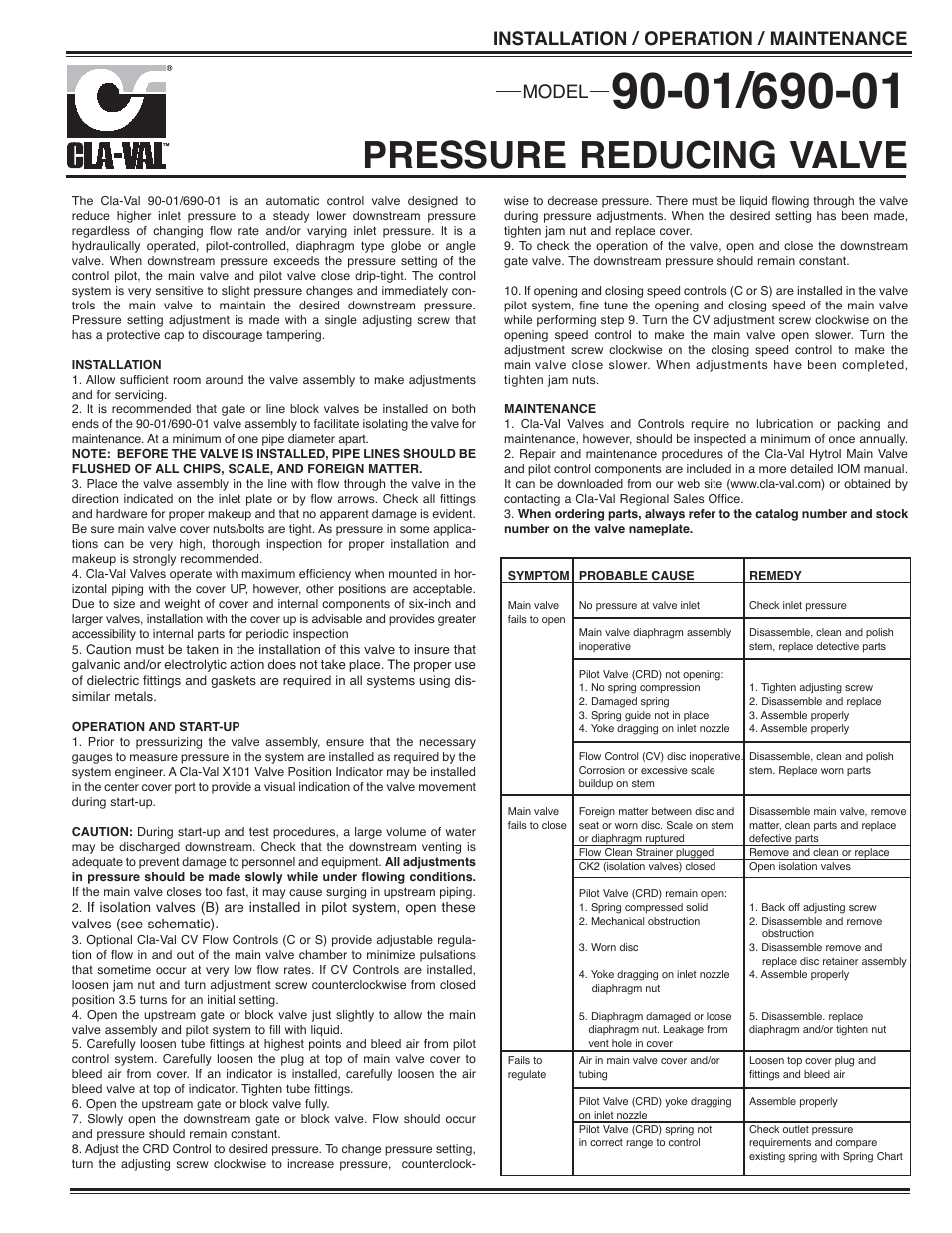 Cla-Val 90-01H/690-01H Quick Manual User Manual | 2 pages