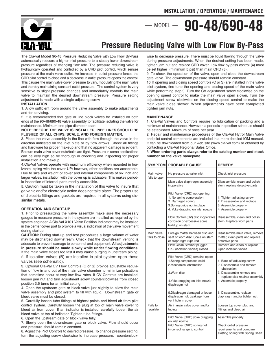 Cla-Val 90-48/690-48 Quick Manual User Manual | 2 pages