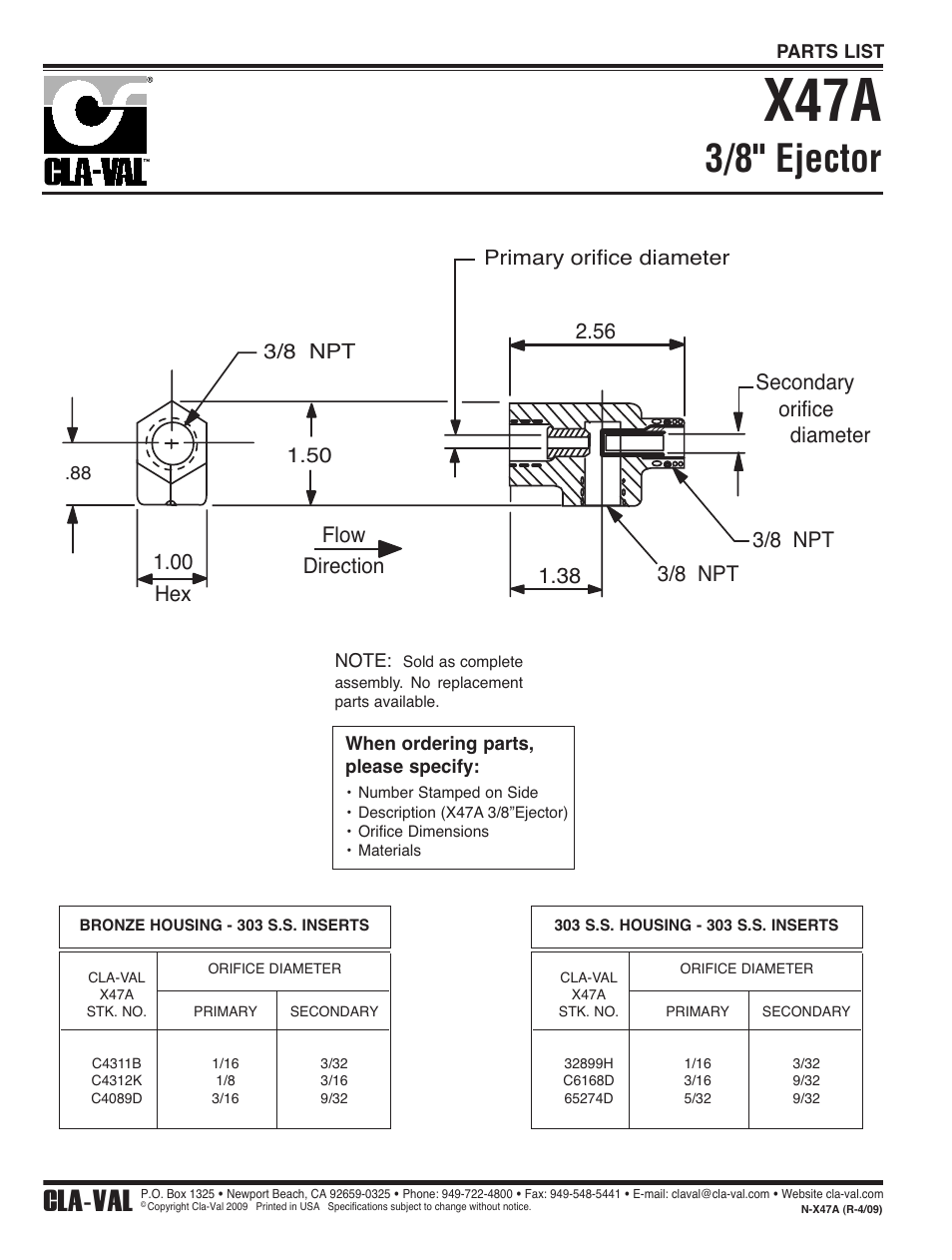 X47a, 3/8" ejector, Cla-val | Cla-Val 90-48/690-48 Technical Manual User Manual | Page 20 / 34