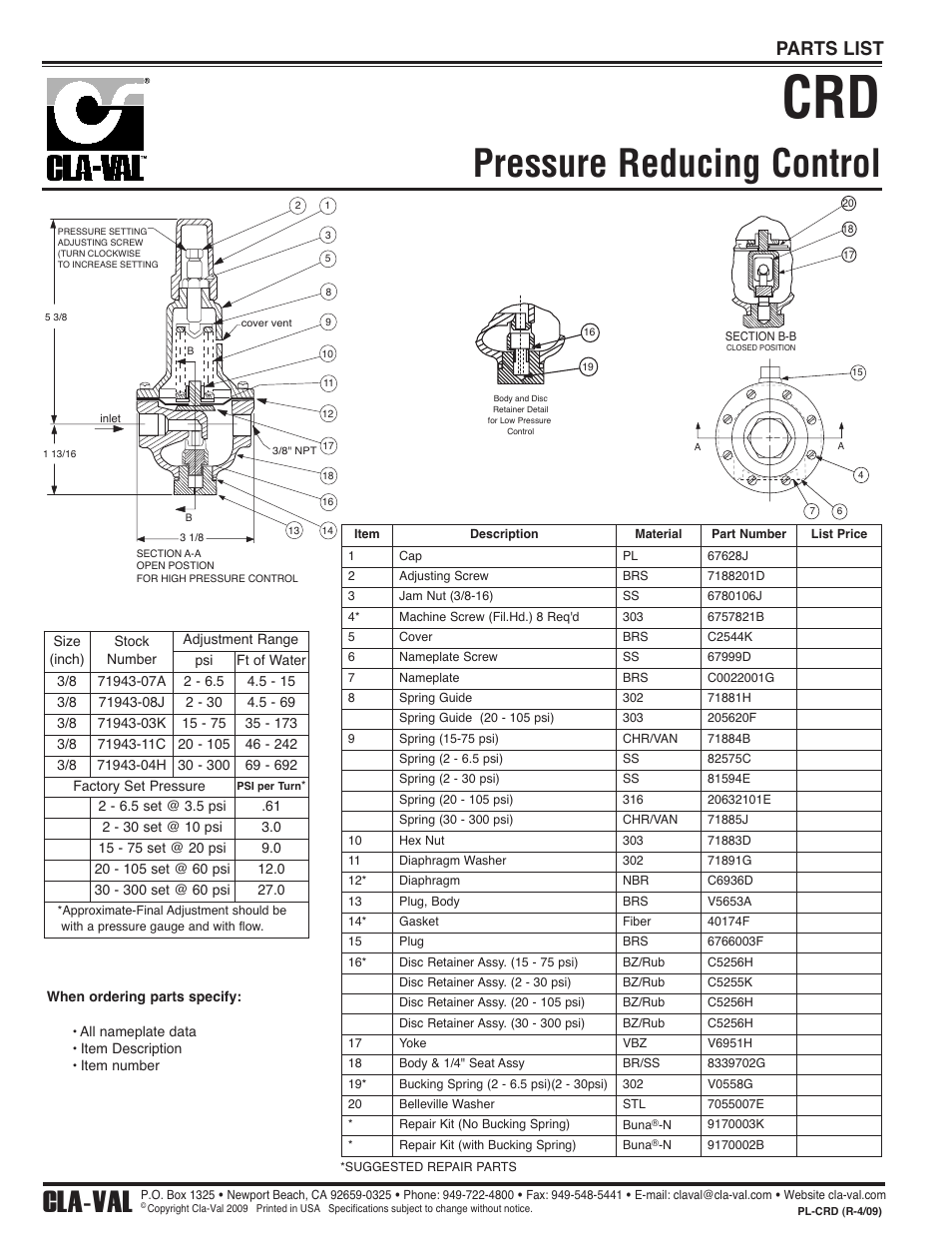 Pressure reducing control, Cla-val, Parts list | Cla-Val 90-48/690-48 Technical Manual User Manual | Page 22 / 34