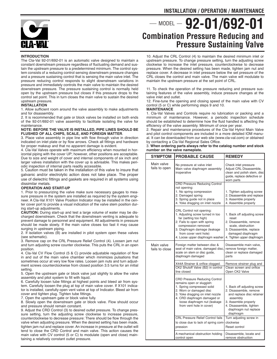 Cla-Val 92-01/692-01 Quick Manual User Manual | 2 pages