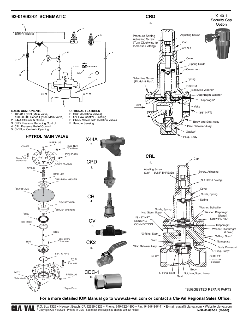 Cla-val, Crd x44a crl cv ck2, Cdc-1 | Hytrol main valve, X140-1 security cap option | Cla-Val 92-01/692-01 Quick Manual User Manual | Page 2 / 2